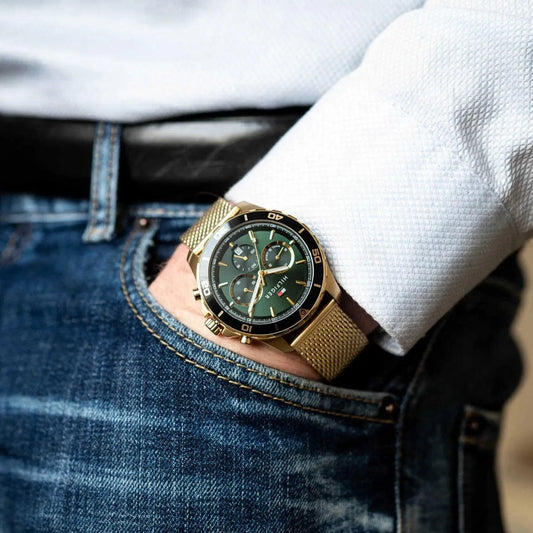 Tommy Hilfiger 43mm Dark Green Dial Gold-Tone Mesh Chronograph Men's Watch 1792093