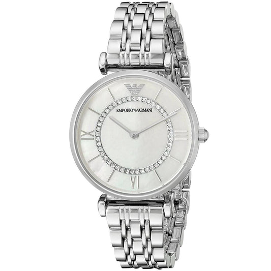 Emporio Armani AR1908 watch side angle view showing white dial with crystal bezel and metal bracelet