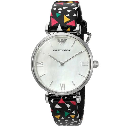 Side angle view of Emporio Armani Gianni T-Bar watch showing case and colorful strap design
