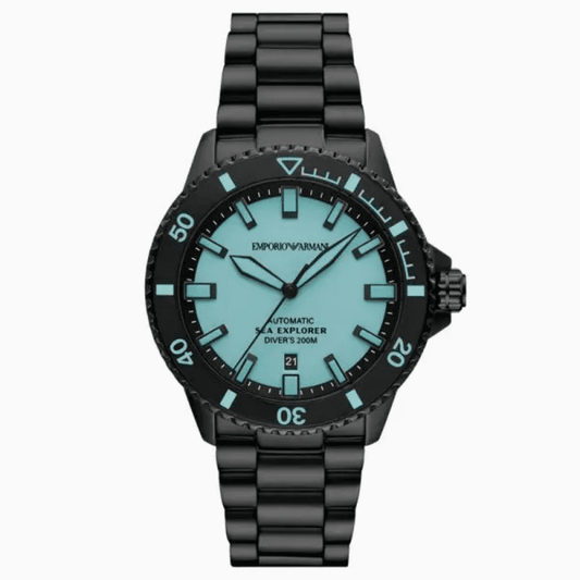Emporio Armani Sea Explorer diving watch with light blue dial, diver's bezel, and date window