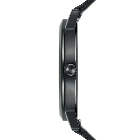 Side profile of Emporio Armani Kappa watch showing black stainless steel case and striped nylon strap