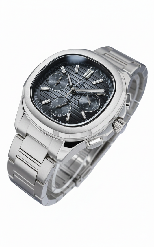Beverly Hills Polo Club multifunction watch angled view showing silver case and black dial