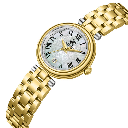 Beverly Hills Polo Club BP3838X.120 gold watch angled view with mother pearl dial and gold strap