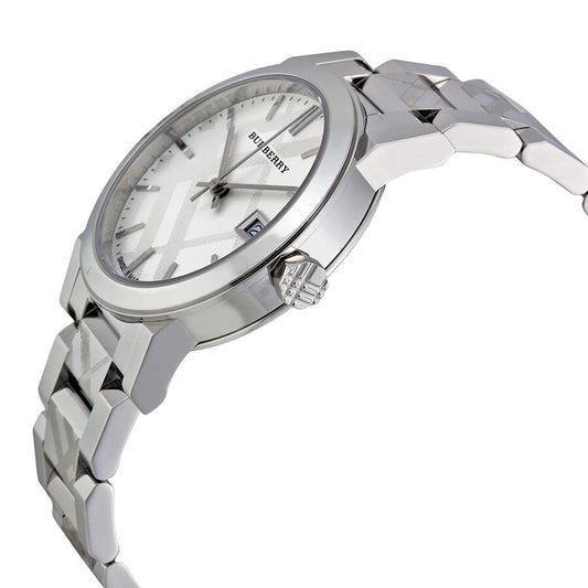 Burberry BU9144 angled view showing check-pattern stainless steel bracelet and case