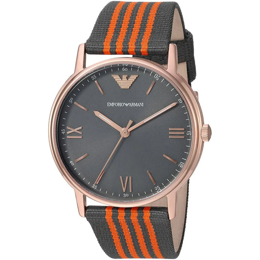 Three-quarter view of Emporio Armani Kappa AR11014 watch showing grey dial and striped nylon strap