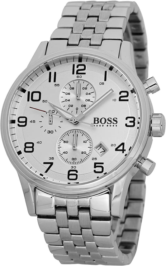 Hugo Boss 1512445 chronograph watch at three-quarter angle showing dial and metal band