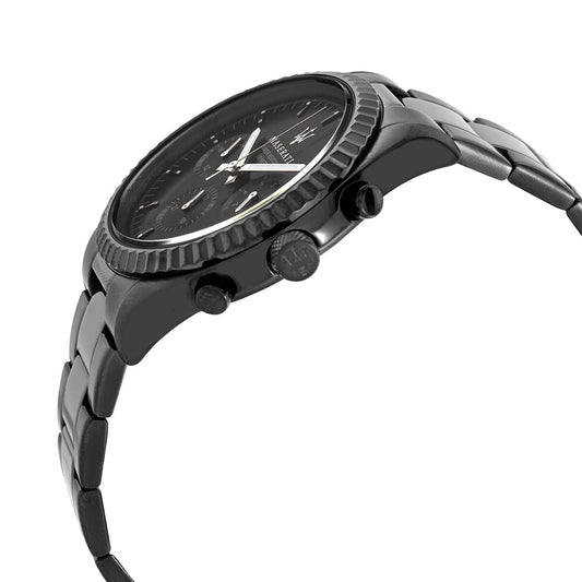 Side angle view of black stainless steel Maserati Competizione watch on wrist