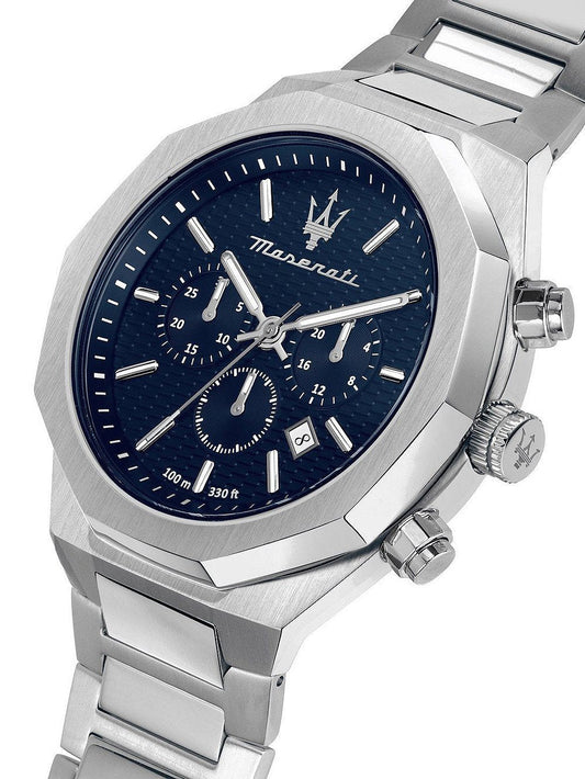Maserati Stile Chronograph watch angled view showing silver case and blue chronograph dial
