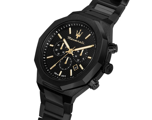 Maserati Stile chronograph watch at angle showing black stainless steel bracelet and case