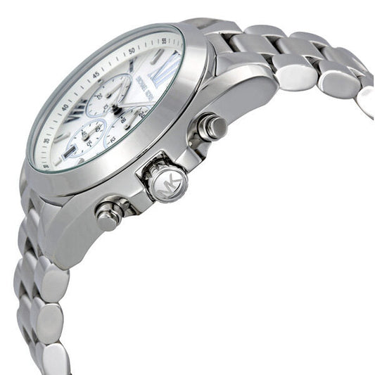 Side view of Michael Kors Bradshaw watch showing silver-tone stainless steel bracelet and chronograph pushers