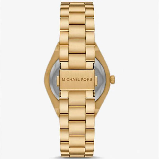 Michael Kors Lennox gold watch showing case back and link bracelet strap