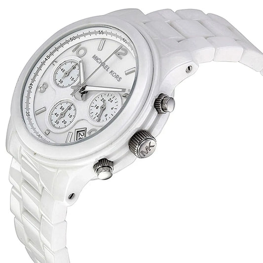 Side profile of Michael Kors MK5161 white watch with chronograph pushers and ceramic strap