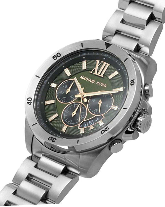 Michael Kors Brecken MK8984 watch angled view showing silver bracelet and chronograph subdials