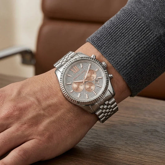 Michael Kors Lexington 44mm Silver Dial Silver-Tone Chronograph Women's Watch MK8515