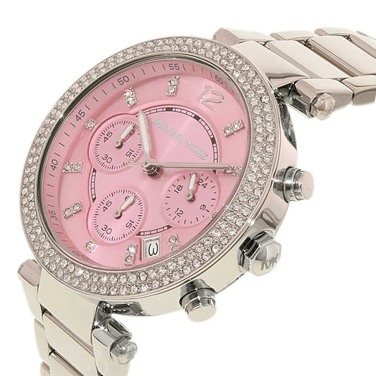 Parker watch angled view showing pink dial, chronograph subdials, and silver bracelet