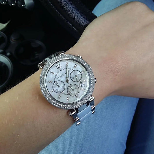 Michael Kors Parker 39mm White Dial Silver-Tone and Blue Acetate Women's Watch MK6138