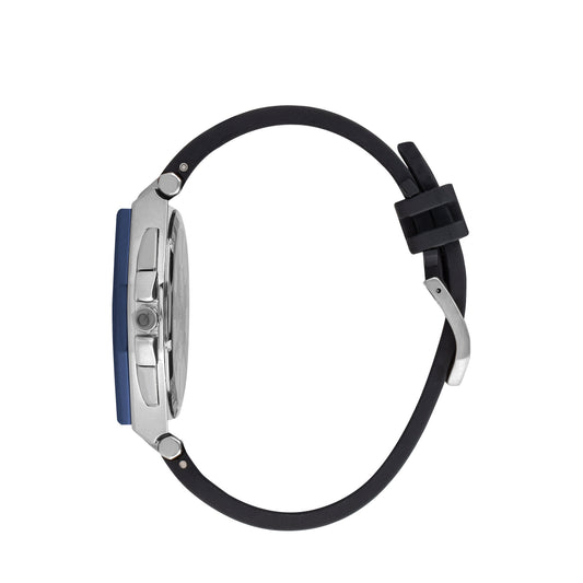 Side view of Quantum chronograph watch showing blue case profile and black silicone strap