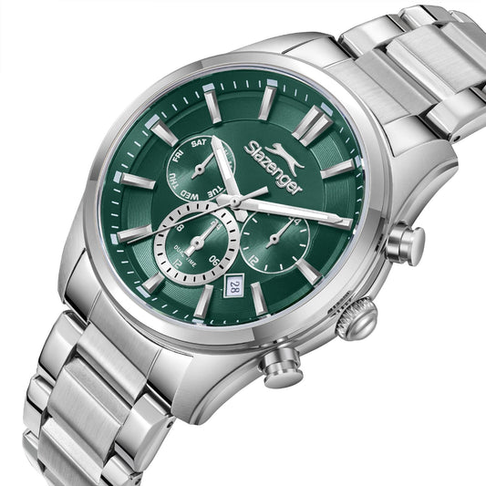 Angled view of Slazenger Sport green chronograph watch showing dial and stainless steel bracelet