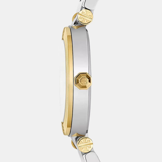 Side profile of Tory Burch Classic T watch showing two-tone gold and silver bracelet