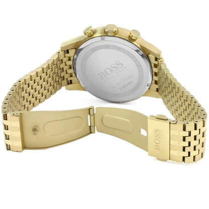 Gold watch with a visible brand logo on a white background