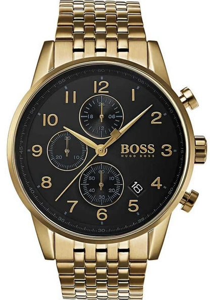 Gold watch with black dial on a white background