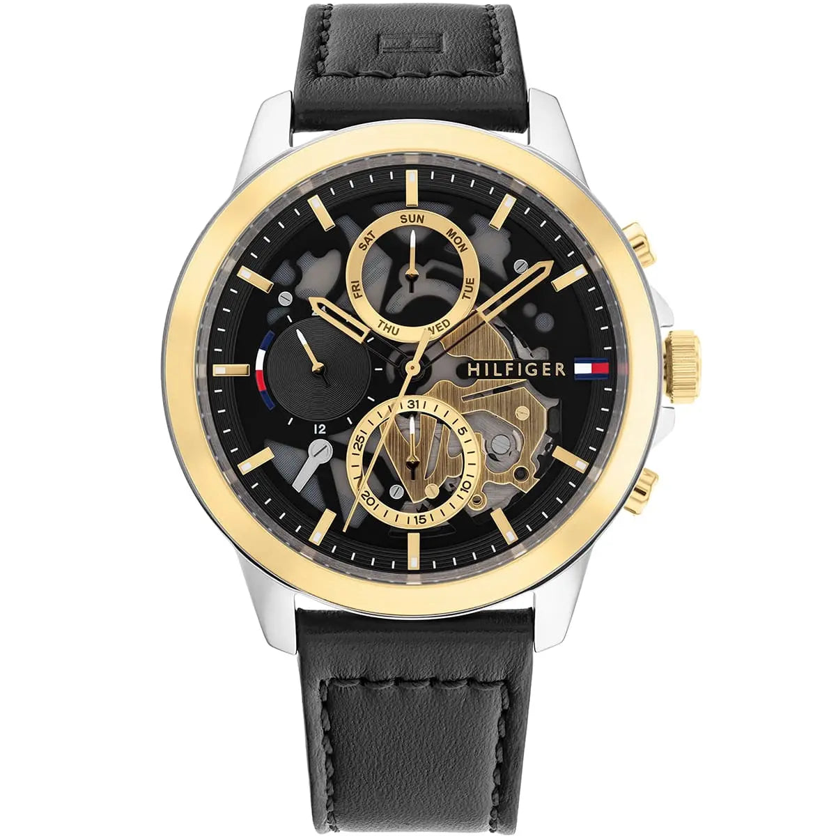 Tommy Hilfiger Henry Multifunction Two tone Case Black Genuine Leather Men's Watch - 1710474