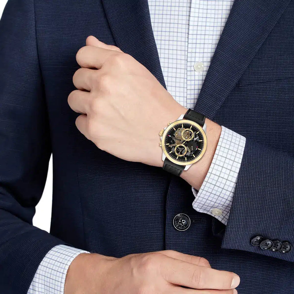 Tommy Hilfiger Henry Multifunction Two tone Case Black Genuine Leather Men's Watch - 1710474