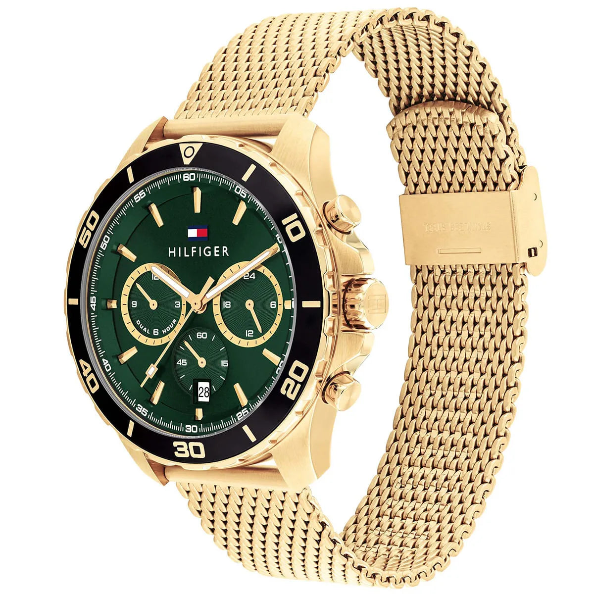 Tommy Hilfiger 43mm Dark Green Dial Gold-Tone Mesh Chronograph Men's Watch 1792093