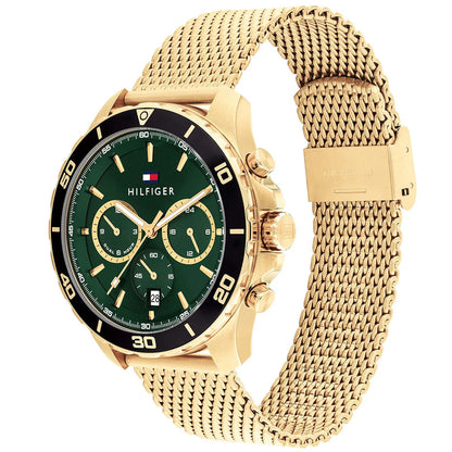 Tommy Hilfiger 43mm Dark Green Dial Gold-Tone Mesh Chronograph Men's Watch 1792093