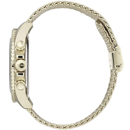 Gold watch with chain strap on a white background