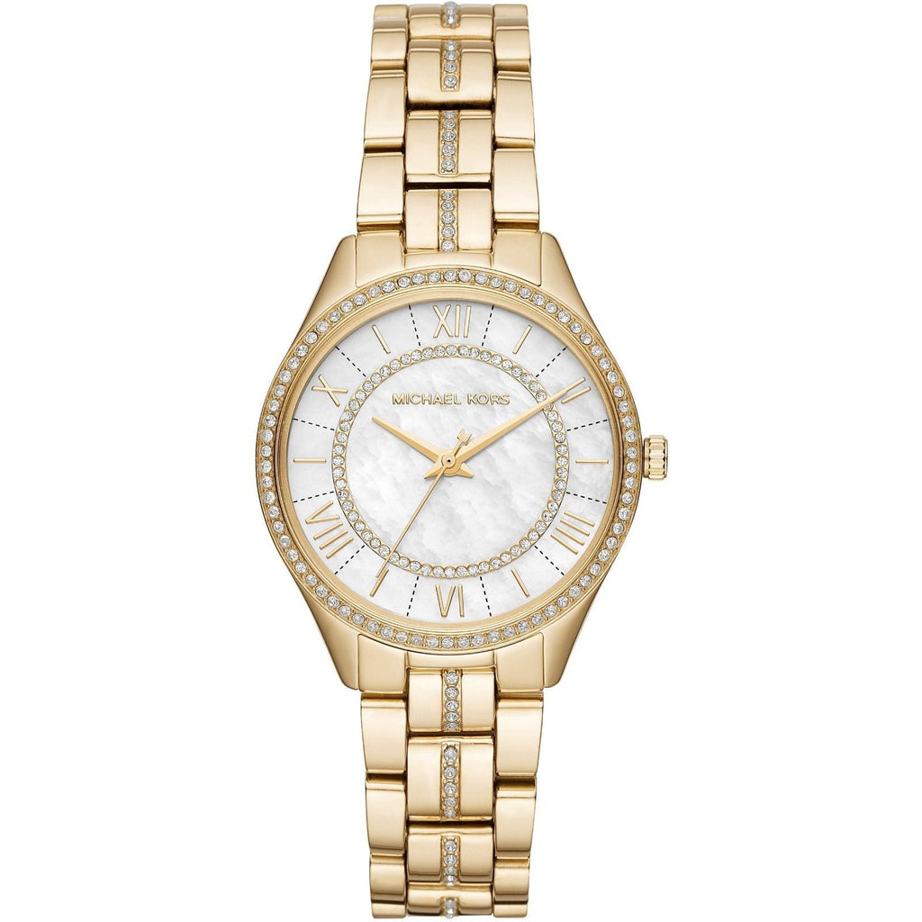 Michael Kors Lauryn dameshorloge met witte parelmoeren wijzerplaat en gouden accenten - MK3899 Hoofdafbeelding