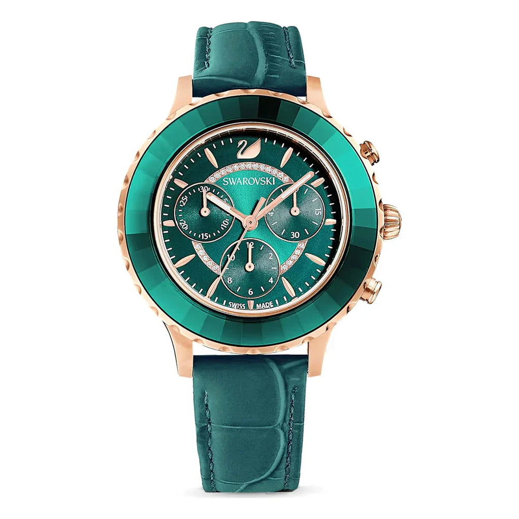 Swarovski Octea Lux Chrono Green Dial Green Leather Strap Women's Watch 5452498