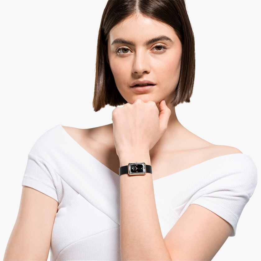 Swarovski Uptown Rectangular Case Black Dial Black Leather Strap Women's Watch 5547710
