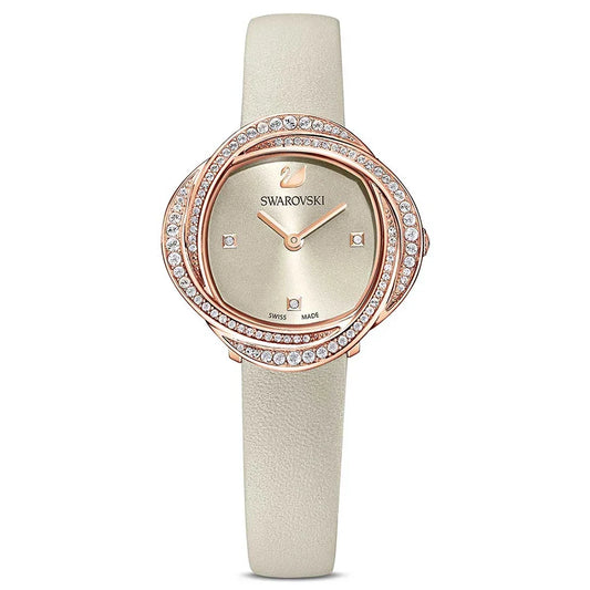 Swarovski Crystalline Aura 30mm Ivory Dial Rose Gold-Tone Leather Pavé Women's Watch 5552424