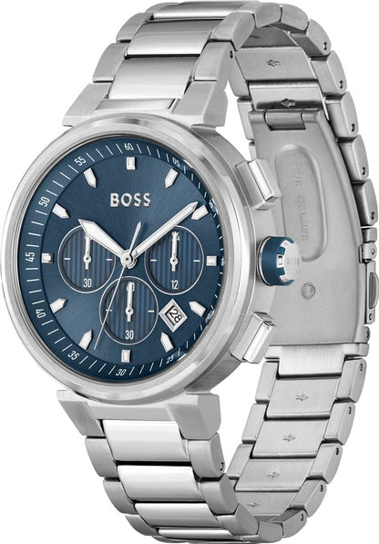 Silver watch with blue dial on a white background