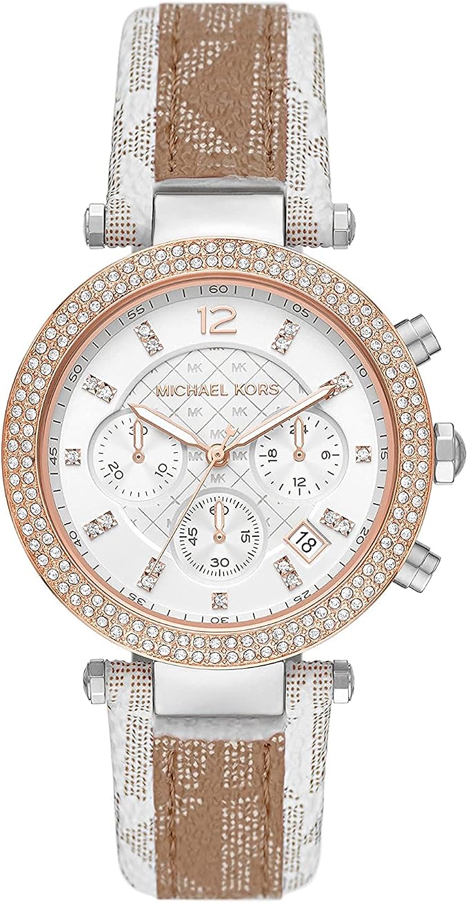 Michael Kors Parker 39mm White Dial Two-Tone Signature-Print PVC and Leather Pavé Women's Watch MK6950