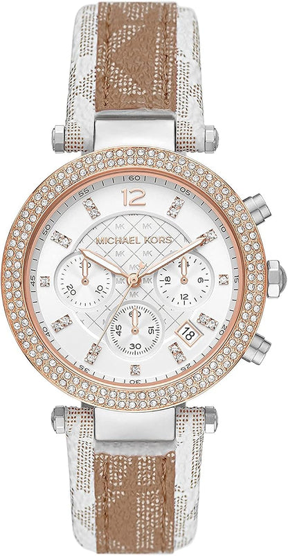 Michael Kors Parker 39mm White Dial Two-Tone Signature-Print PVC and Leather Pavé Women's Watch MK6950