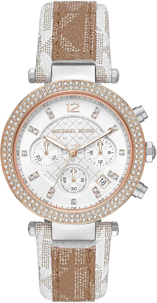 Michael Kors Parker 39mm White Dial Two-Tone Signature-Print PVC and Leather Pavé Women's Watch MK6950