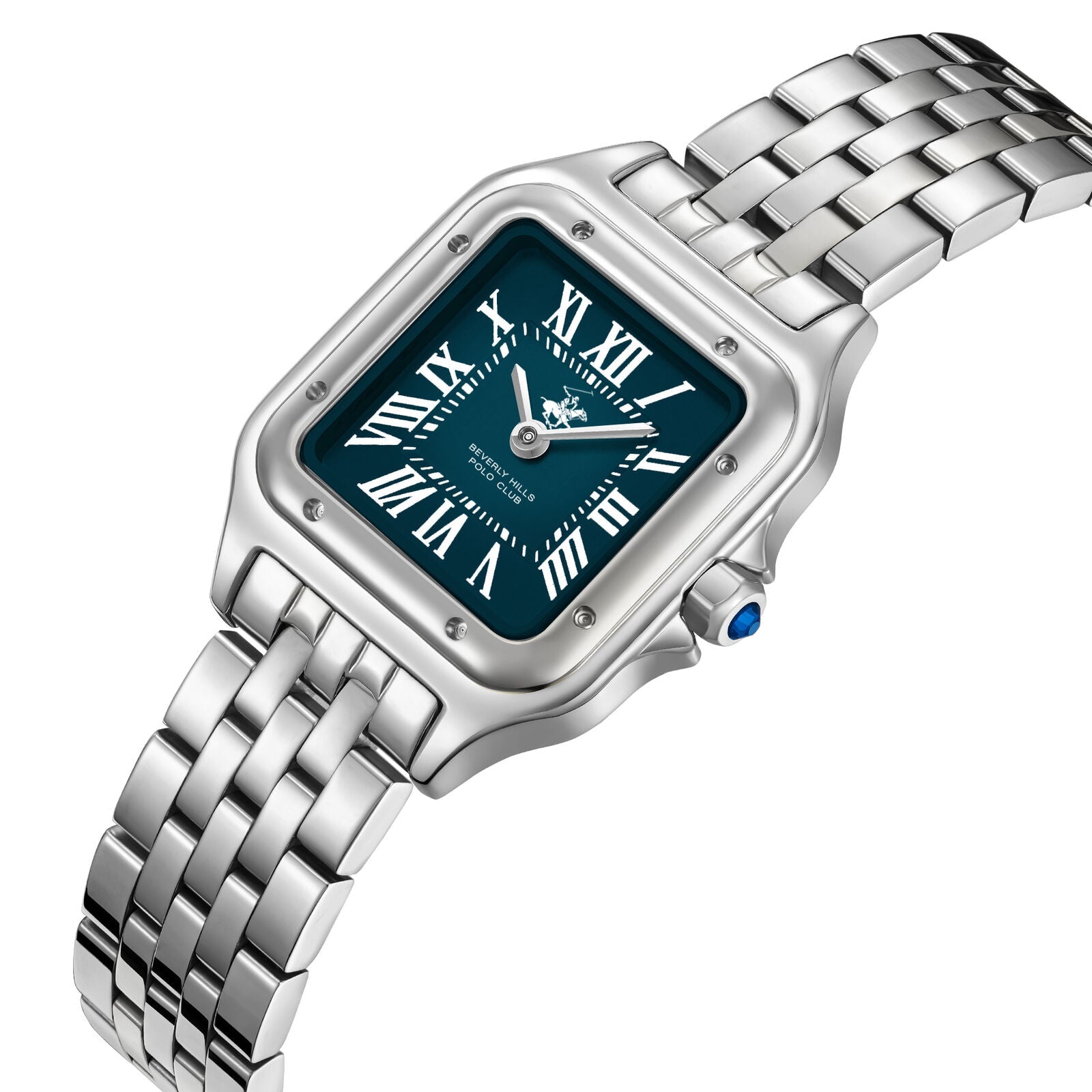 Beverly Hills Polo Club Roman Numeral Blue Dial Square Silver Watch BP3755C.370
