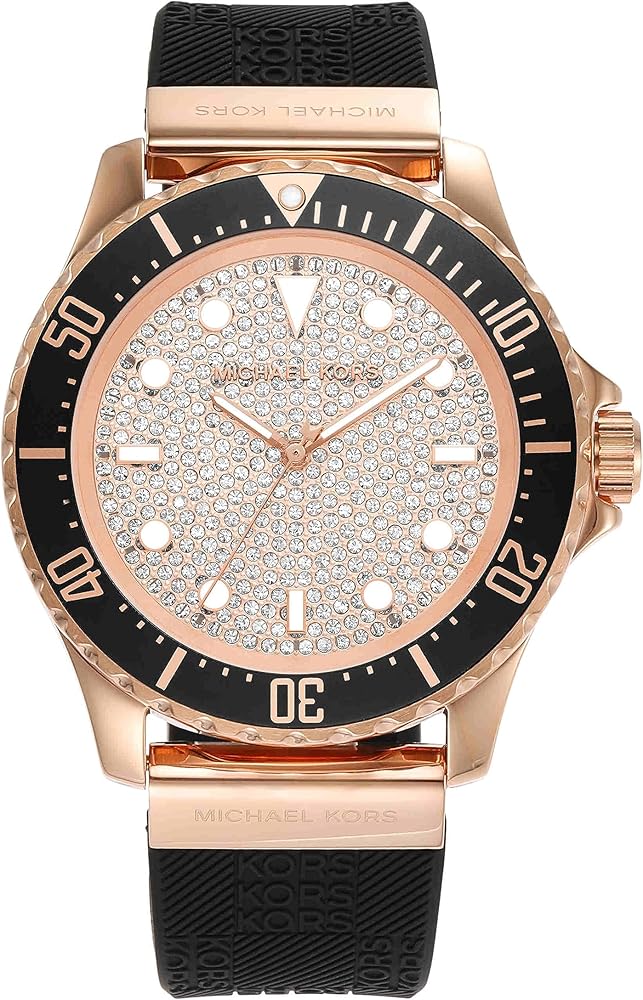 Michael Kors Everest dameshorloge met roségouden pavé wijzerplaat en zwarte siliconen band - MK7358 Hoofdafbeelding