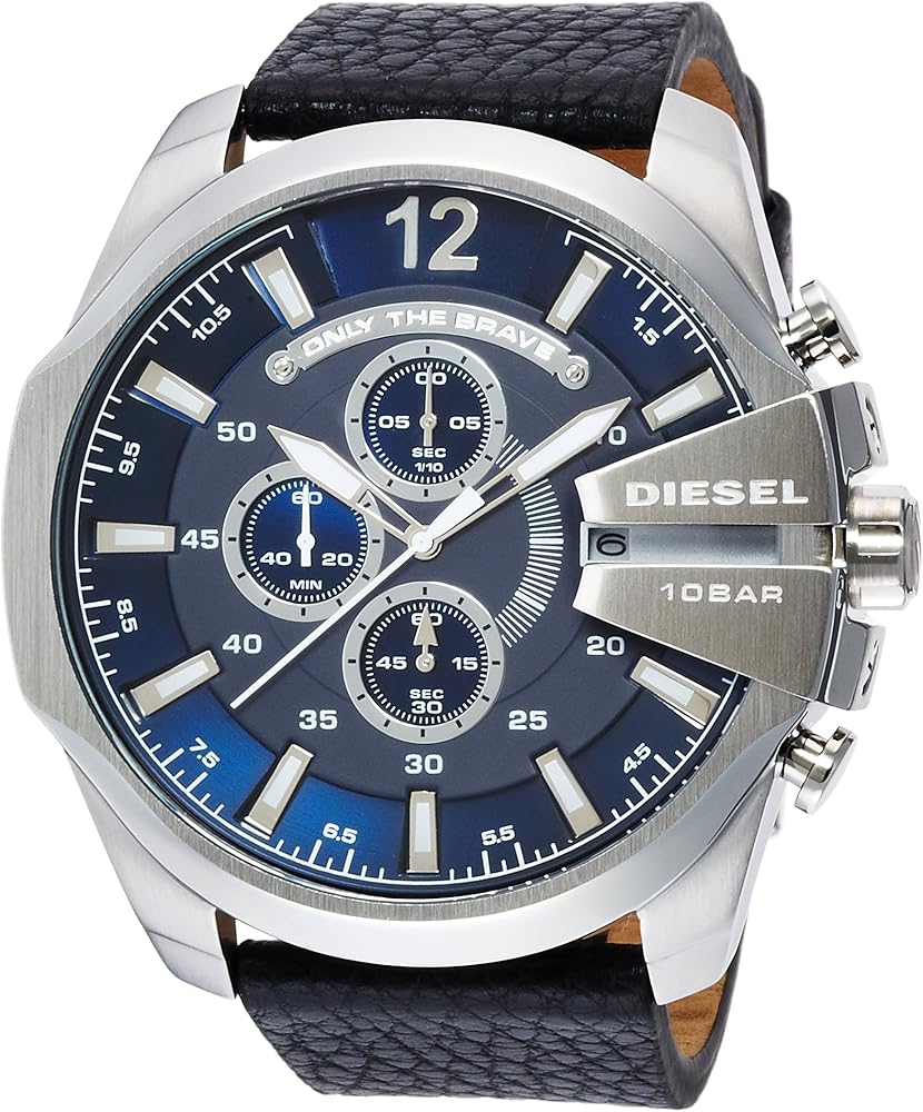 Diesel Mega Chief Blue Dial Black Leather Chronograph Watch DZ4423 Main image