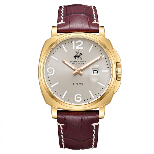 A wristwatch with a gold-tone case, a light beige dial featuring the Beverly Hills Polo Club logo, and a dark burgundy leather strap with white contrast stitching, shown against a plain white background.