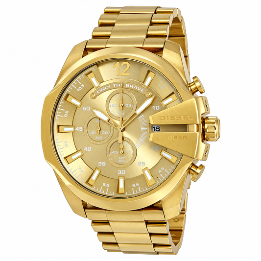 Gold-tone Diesel x Uboras collaboration watch featuring a multi-dial design, a large octagonal case, and a matching metal link bracelet on a white background.