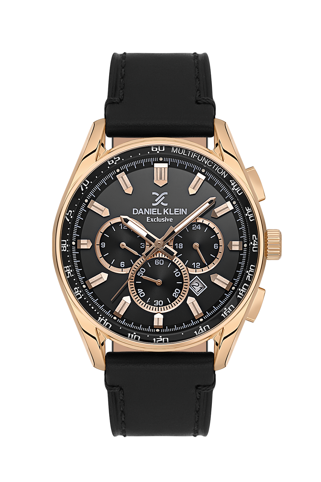 Daniel Klein Exclusive Black Dial and Genuine Leather Strap Rose Gold Watch - DK.1.13902-3