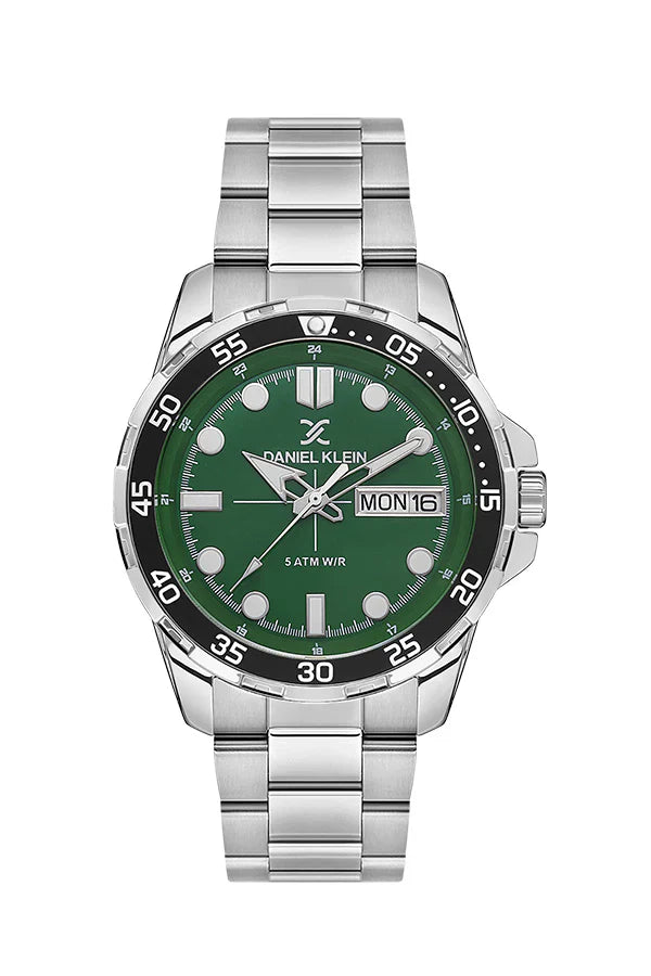 Daniel Klein Premium Day Date Window Green Dial Silver Watch - DK.1.13884-2