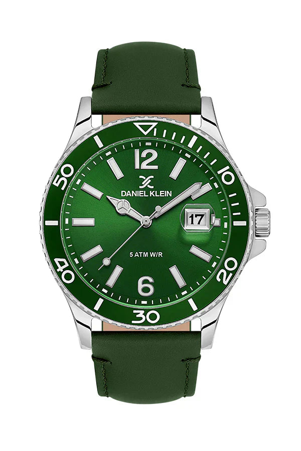 Daniel Klein Premium Date Window Green Dial and Genuine Leather Strap Silver Watch - DK.1.13905-3 Main image