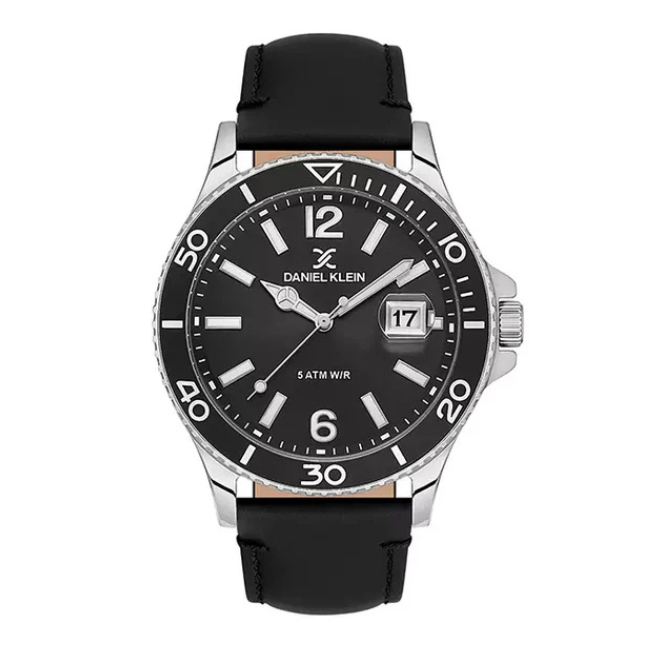 Daniel Klein Premium Date Window Black Dial and Genuine Leather Strap Silver Watch - DK.1.13905-1 Main image