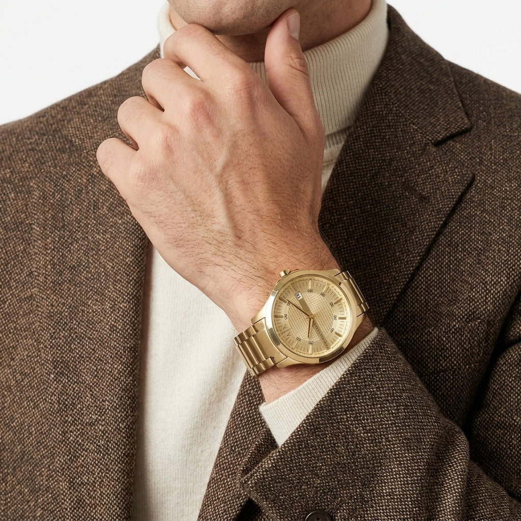 A gold-tone metal watch with a matching link bracelet worn on a man's wrist, styled with a brown textured blazer and a cream turtleneck sweater.