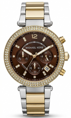Michael Kors Parker Chronograph Brown Dial Two Tone Steel Strap Women's Watch MK6118