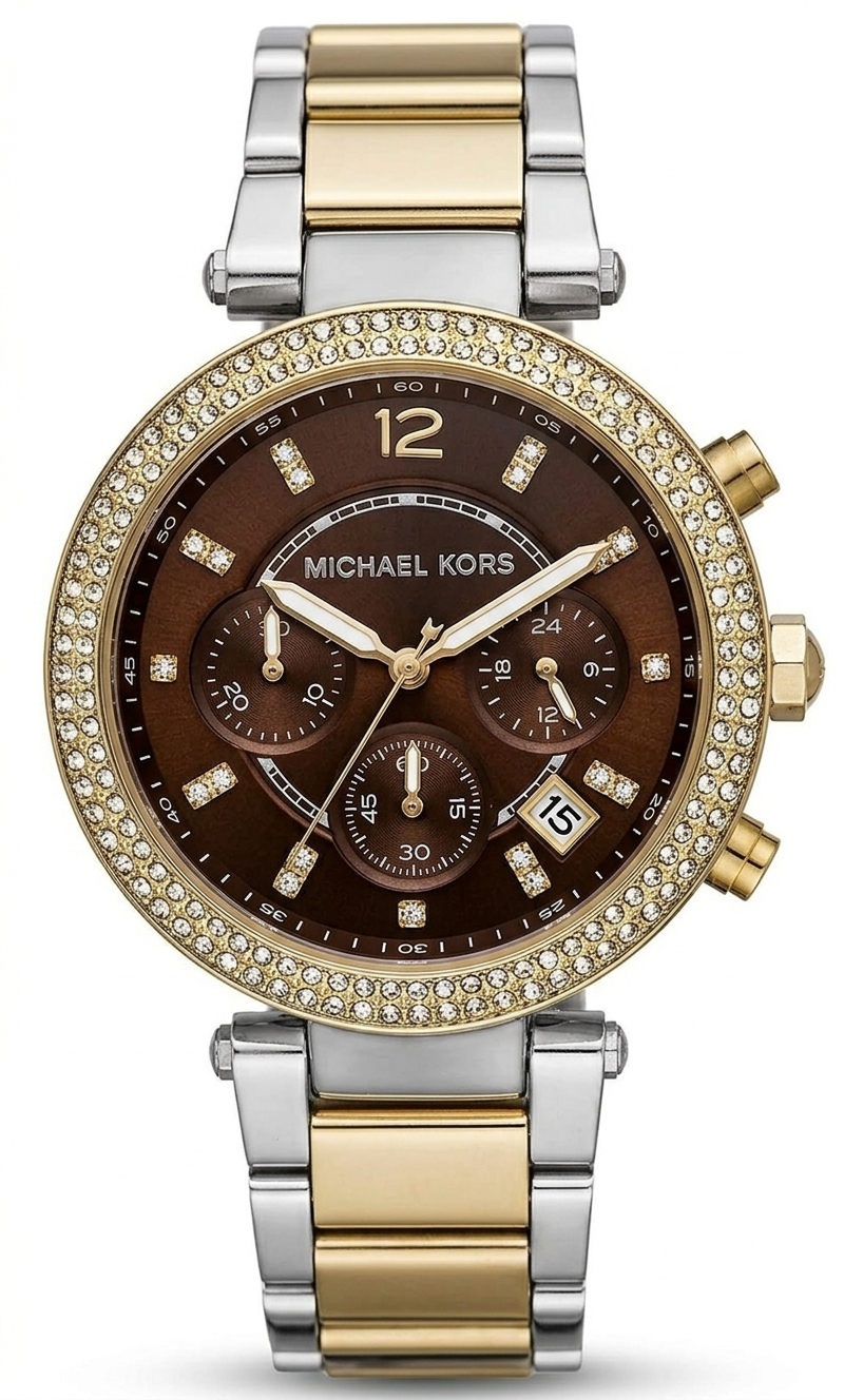 Michael Kors Parker Chronograph Brown Dial Two Tone Steel Strap Women's Watch MK6118 Hoofdafbeelding